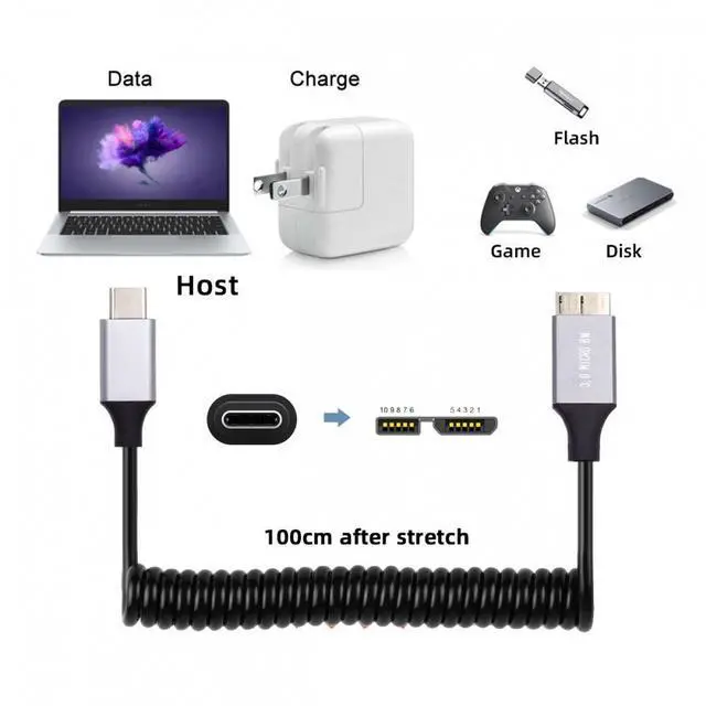 Alt view image 7 of 7 - Jimier USB-C Type-C Host to Micro-USB3.0 Male OTG Stretch Coiled Cable 100cm Extension 5Gbps for Disk Phone Camera Data