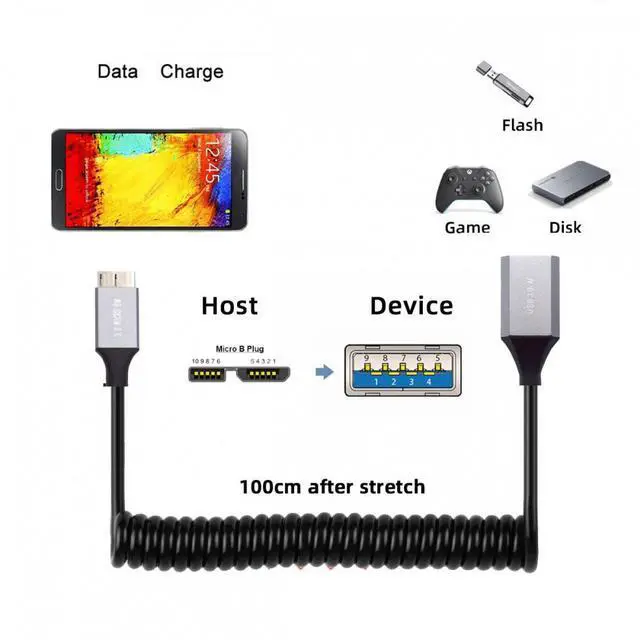 Alt view image 7 of 7 - Jimier Micro-USB3.0 Male Host to USB3.0-A Female OTG Stretch Coiled Cable 100cm Extension 5Gbps for Disk Phone Camera Data