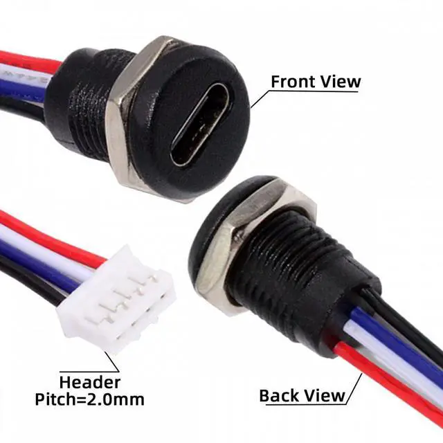 Alt view image 5 of 7 - Jimier 5pcs/set DIY OEM Type C Female Socket to 4Pin Header Cable Pitch=2.0mm Panel Mount Type DC 5V Power Data