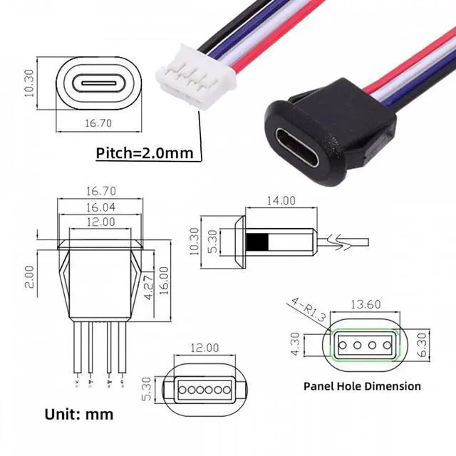 Alt view image 3 of 7 - Jimier 5pcs/set DIY OEM Type C Female Socket to 4Pin Header Cable Pitch=2.0mm Latch Mount Type DC 5V Power