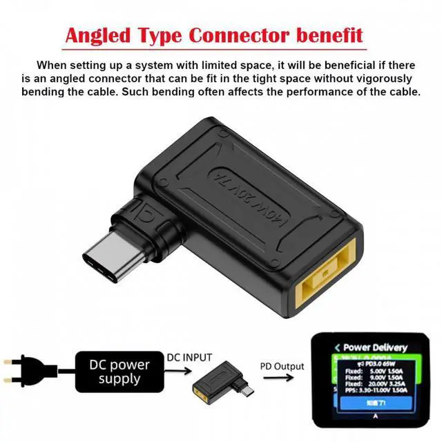 Alt view image 4 of 7 - Jimier 140W 100W Rectangle Jack Thinkpad X1 Input to USB-C Type-C Angled 90 Degree Power Plug Charge Adapter for Laptop Phone