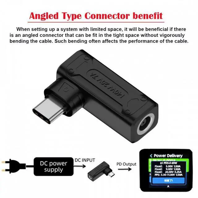 Alt view image 5 of 7 - Jimier 140W 100W DC Jack 6.0x1.4mm Input to USB-C Type-C Angled 90 Degree Power Plug Charge Adapter for Laptop Phone