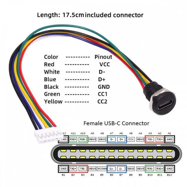 Alt view image 6 of 7 - CY 5pcs/set DIY OEM Type C Female Socket to 6Pin Header Cable Pitch=2.0mm Panel Mount DC 5V/20V PD Power