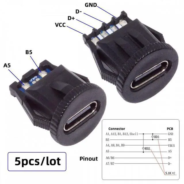 Alt view image 4 of 7 - Jimier 5pcs/set DIY OEM Type C Female Socket Connector to 6Pin PCBA Pinout Round Latch Mount Type DC 5V/20V PD Power IP67