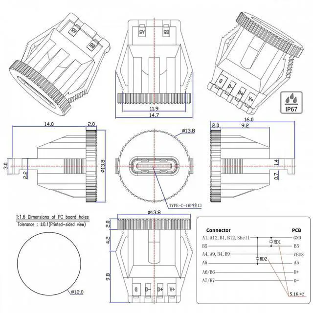 Alt view image 6 of 7 - Jimier 5pcs/set DIY OEM Type C Female Socket Connector to 6Pin PCBA Pinout Round Latch Mount Type DC 5V/20V PD Power IP67