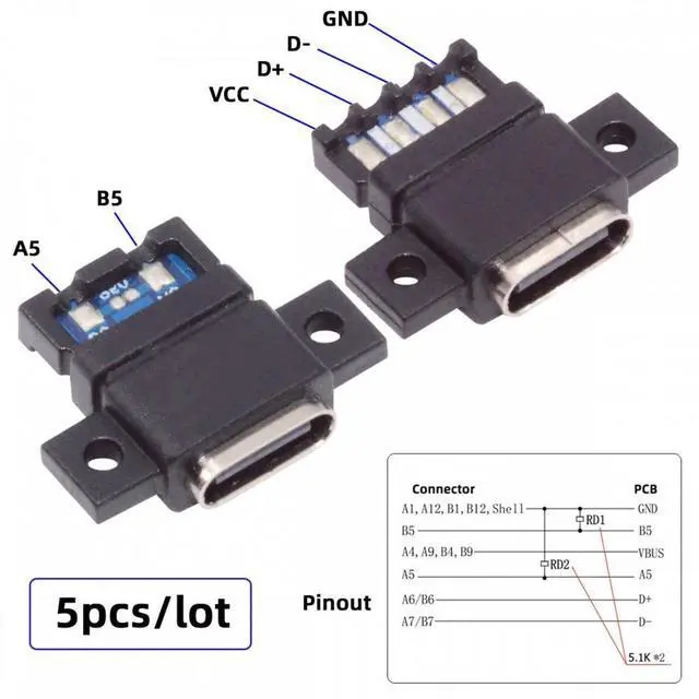 Alt view image 5 of 7 - Jimier 5pcs/set DIY OEM Type C Female Socket Connector to 6Pin PCBA Pinout Flat Scew Mount Type DC 5V/20V PD Power
