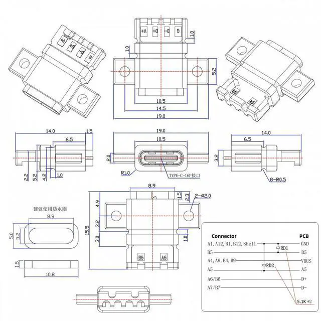 Alt view image 7 of 7 - Jimier 5pcs/set DIY OEM Type C Female Socket Connector to 6Pin PCBA Pinout Flat Scew Mount Type DC 5V/20V PD Power