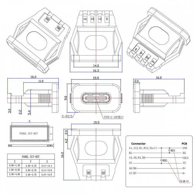 Alt view image 5 of 7 - Jimier 5pcs/set DIY OEM Type C Female Socket Connector to 6Pin PCBA Pinout Rectangle Latch Mount Type DC 5V/20V PD Power IP67