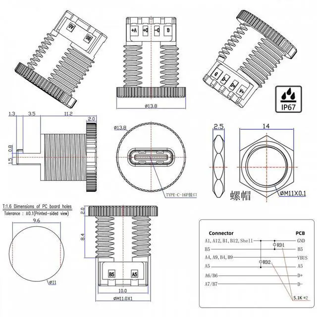 Alt view image 6 of 7 - CY 5pcs/set DIY OEM Type C Female Socket Connector to 6Pin PCBA Pinout Scew Nut Mount Type DC 5V/20V PD Power