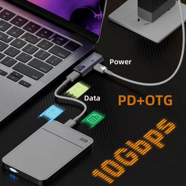 Alt view image 4 of 7 - Jimier 10Gbps USB-C Type-C 1-to-2 USB-C Female OTG & 100W PD Power Adapter for Laptop Tablet Phone