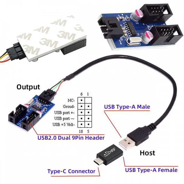 Alt view image 5 of 7 - Jimier USB 3.1 Male Type-C USB-C to USB 2.0 Type-A Male 1 to 2 Female Motherboard 9pin 10pinHeader HUB Adapter Port Multiplier