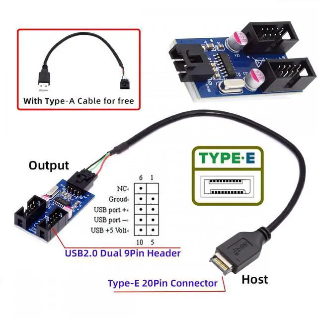 Alt view image 5 of 7 - Cablecc USB 3.1 Front Panel Header Type-E to 4pin IDC Housing USB Type-A Male 1 to 2 Female Motherboard 9pin Header HUB Adapter Port Multiplier