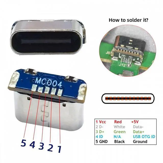 Alt view image 4 of 7 - CY 5pcs/lot DIY Solder Type-C Female Socket Connector Replace for Mini-USB 5Pin Female SMT Type DC 5V Power