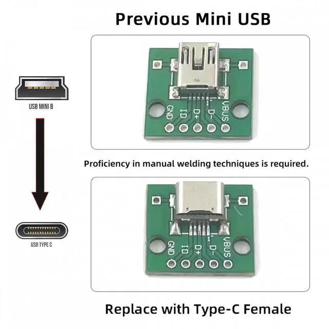 Alt view image 7 of 7 - CY 5pcs/lot DIY Solder Type-C Female Socket Connector Replace for Mini-USB 5Pin Female SMT Type DC 5V Power