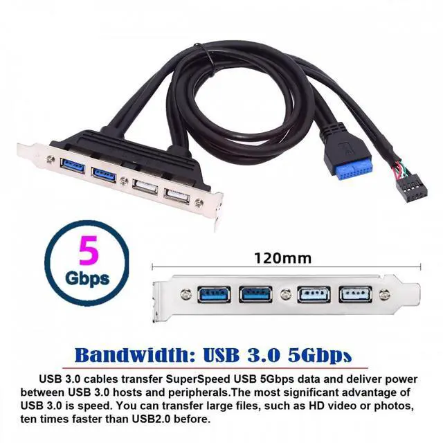 Alt view image 3 of 7 - Jimier Internal Four USB2.0 & USB 3.0 Female Mount Panel to Motherboard 9pin 19pin 20pin Baffle Cable with PCI Bracket 50cm