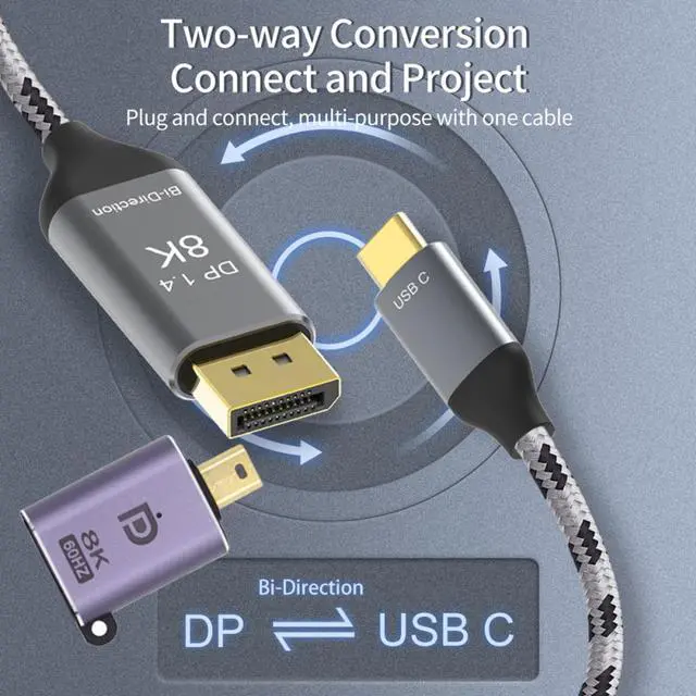 Alt view image 6 of 7 - Jimier Reversible Mini DisplayPort DP Source to USB 3.1 Type C USB-C Displays Male 8K HDTV Cable for Laptop Monitor 1.8m