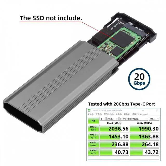 Alt view image 6 of 7 - Chenyang Type-C USB3.2 USB4 20Gbps to M-key M.2 NGFF NVME SATA SSD PCBA Enclosure 2280/2242/2260mm RTL9220