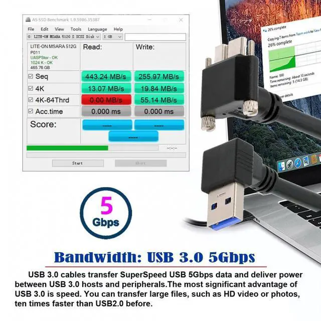 Alt view image 4 of 7 - Jimier Down Angled 90 Degree USB 3.0 A Male to Micro-B 3.0 Plug Up Angled Locking Screw Panel Cable 25cm