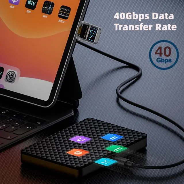 Alt view image 5 of 7 - Jimier Type-C Smart LED Display USB-C Male to Female Extension Adapter USB4.0 40Gbps 140W Opposite U Shape Back Angled Current Voltage Monitoring