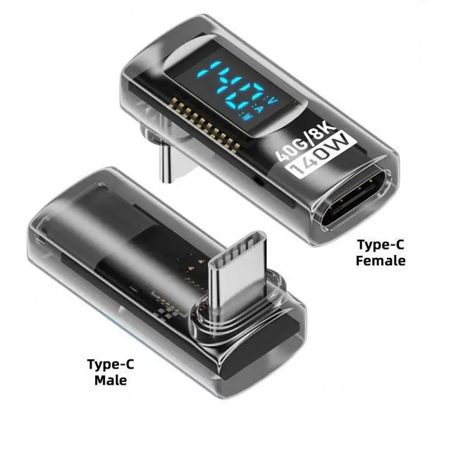 Alt view image 3 of 7 - Jimier Type-C Smart LED Display USB-C Male to Female Extension Adapter USB4.0 40Gbps 140W Up Down Angled 90 Degree Current Voltage Monitoring