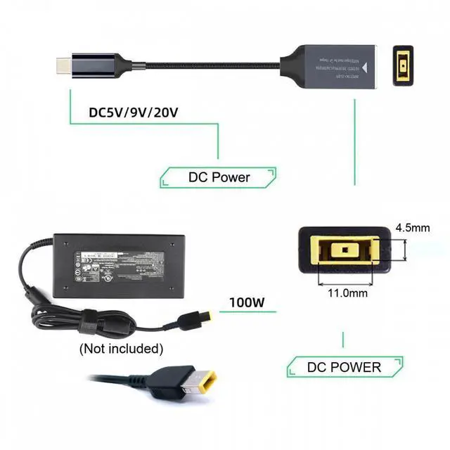 Alt view image 3 of 7 - CY Rectangle Jack Thinkpad X1 Input to USB-C Type-C Power 100W Charge Cable for Laptop Phone PD9V 5V 20V