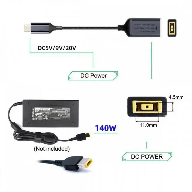 Alt view image 3 of 7 - Jimier Rectangle Jack Thinkpad X1 Input to USB-C Type-C Power 140W Charge Cable for Laptop Phone PD9V 5V 20V 7A