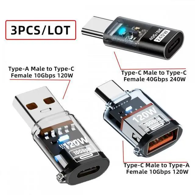 Alt view image 3 of 7 - Jimier 3pcs/lot Type-C Smart LED USB-C to USB3.2 Type-A Adapter OTG 10Gbps 40Gbps 120W 240W Data Fast Charging Tester Detector