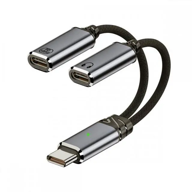 Alt view image 2 of 7 - Xiwai USB-C Type-C Male to Dual Female Audio DAC AUX Music 16bit 48kHz & 100W PD Power Cable for Laptop Tablet Phone