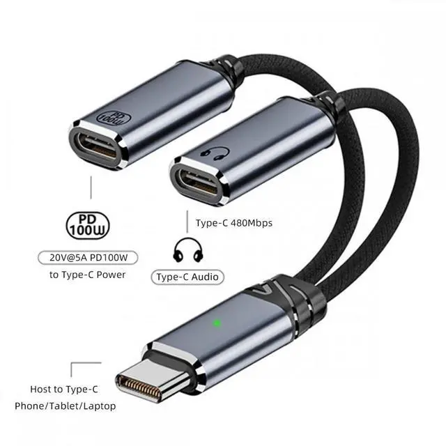 Alt view image 3 of 7 - Xiwai USB-C Type-C Male to Dual Female Audio DAC AUX Music 16bit 48kHz & 100W PD Power Cable for Laptop Tablet Phone