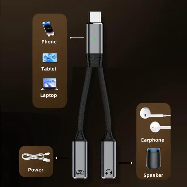 Alt view image 7 of 7 - Xiwai USB-C Type-C Male to Dual Female Audio DAC AUX Music 16bit 48kHz & 100W PD Power Cable for Laptop Tablet Phone