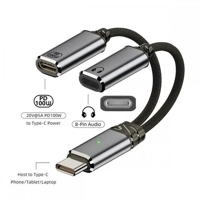 Alt view image 3 of 7 - Jimier USB-C Type-C Male to 8P Female Audio DAC AUX Music 16bit 48kHz & 100W PD Power Cable for Laptop Tablet Phone