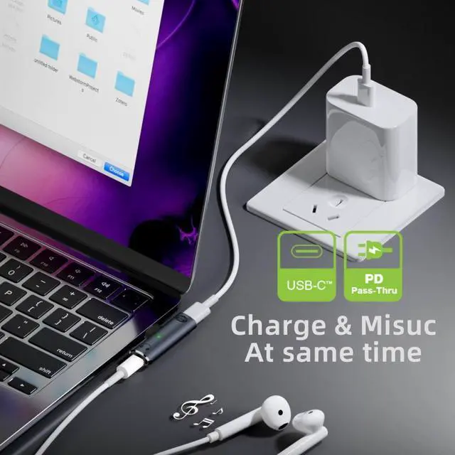 Alt view image 5 of 7 - Jimier USB-C Type-C to 3.5mm Audio DAC AUX Music 16bit 48kHz & 100W PD Power Adapter for Laptop Tablet Phone