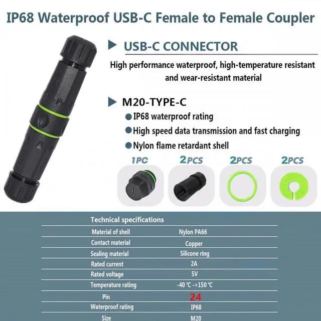 Alt view image 4 of 7 - Jimier M20 Locking IP68 Waterproof Type-C 10Gbps USB3.1 Female to USB-C Female Extension Adapter Coupler