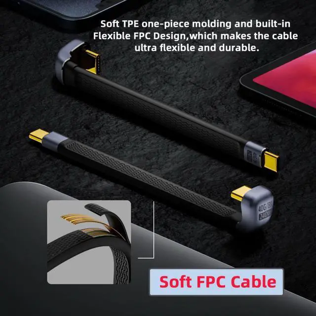 Alt view image 6 of 6 - Jimier 240W Type-C USB-C Male to Male USB4 40Gbps 100W 8K Flat Slim FPC Data Opposite U Shape Back Angled Cable for Laptop Phone 13cm
