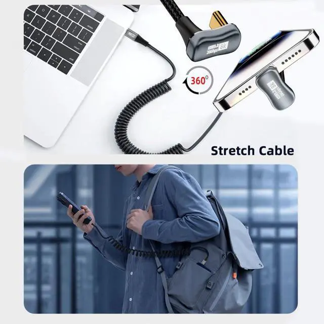 Alt view image 5 of 7 - Xiwai Stretch Coiled USB-C USB4 Cable 20Gbps 100W 8K Type-C Opposite Back Angled Male to Male Cable Power & Data for Laptop Keyboard Tablet
