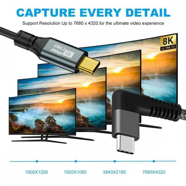 Alt view image 7 of 7 - Chenyang Stretch Coiled USB-C USB4 Cable 20Gbps 100W 8K Type-C Right Angled Male to Male Cable Power & Data for Laptop Keyboard Tablet