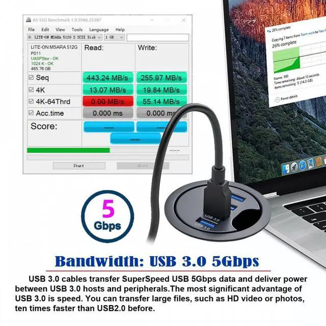 Alt view image 3 of 7 - CY USB 3.0 Hub 4 Port USB 60mm Desk Grommet Splitter Dock Station Interface for Desktop PC Desk