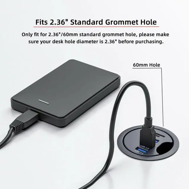 Alt view image 7 of 7 - Jimier USB 3.0 Hub SD TF 3 Port USB 60mm Desk Grommet Splitter Dock Station Micro-SD Card Reader for Desktop PC Desk