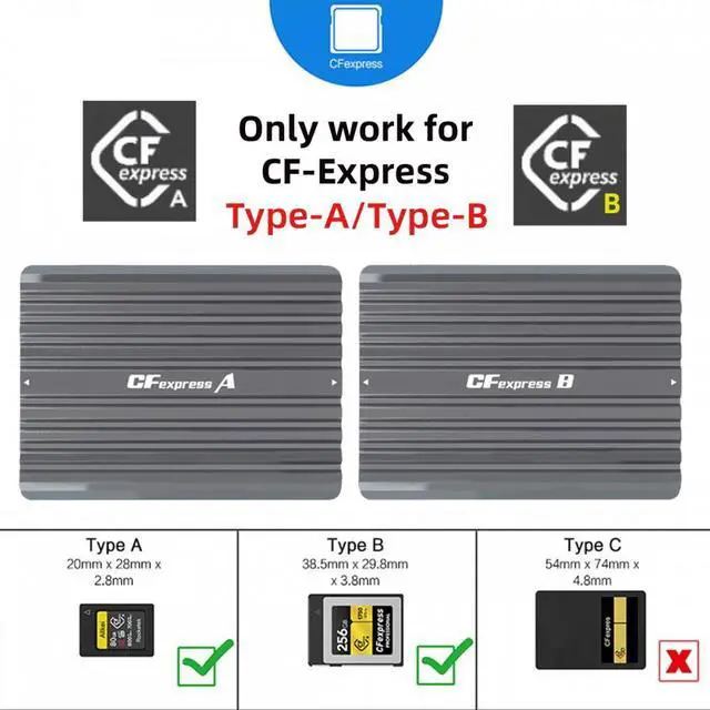 Alt view image 4 of 7 - Jimier USB3.1 Type-C USB3.0 Type-A to CF Express Extension Card Reader CFE Type-A & Type-B CFA R5 Z6 Z7 CFB Memory Card