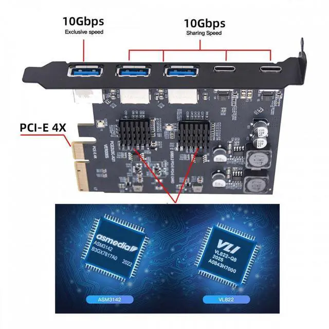 Alt view image 3 of 7 - Chenyang 10Gbps Three Type-A USB3.0 Back Panel Socket & Dual USB3.1 Type-C USB-C to PCI-E Express Card Adapter ASM3142 VL822