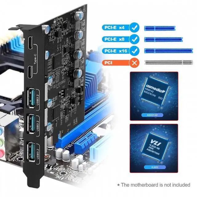 Alt view image 6 of 7 - Chenyang 10Gbps Three Type-A USB3.0 Back Panel Socket & Dual USB3.1 Type-C USB-C to PCI-E Express Card Adapter ASM3142 VL822