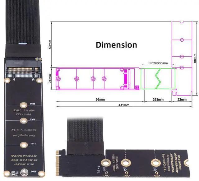 Alt view image 7 of 7 - Chenyang NGFF M-Key NVME Male to Female Extension PCI Express Cable 30cm Right Angled Type 90 Degree PCI-E 4.0 for Mainboard SSD 2230/2242/2260/2280