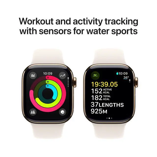 Alt view image 4 of 7 - Apple Watch Series 10 42mm (GPS + Cellular) Gold Titanium with Medium/Large Starlight Sport Band (Grade B-)