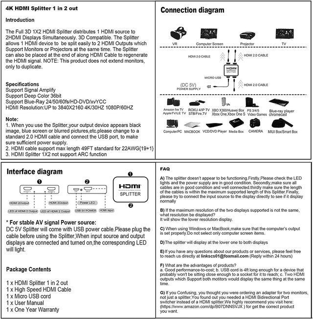 Alt view image 7 of 7 - HDMI Splitter 1 in 2 Out, 4K HDMI Splitter for Dual Monitors Duplicate/Mirror Only, 1x2 HDMI Splitter 1 to 2 Amplifier for Full HD 1080P 3D with HDMI Cable (1 Source onto 2 Displays)