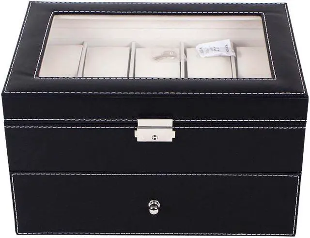 Alt view image 2 of 3 - 20 Slot Leather Watch Box Display Metal Hinge Glass Top Large Holder Black