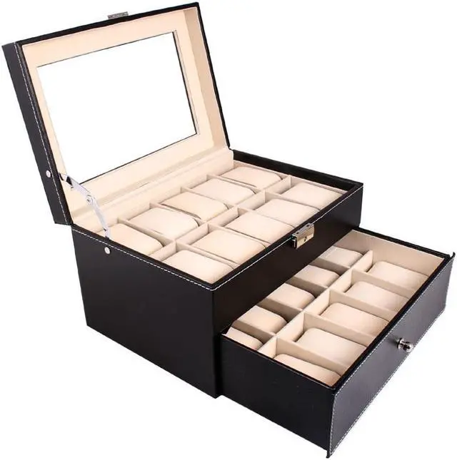 Main image of 20 Slot Leather Watch Box Display Metal Hinge Glass Top Large Holder Black