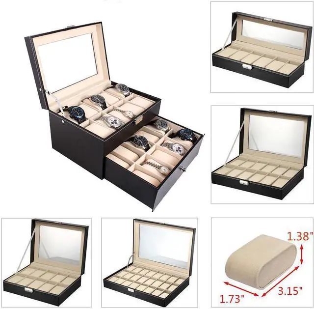 Alt view image 3 of 3 - 20 Slot Leather Watch Box Display Metal Hinge Glass Top Large Holder Black