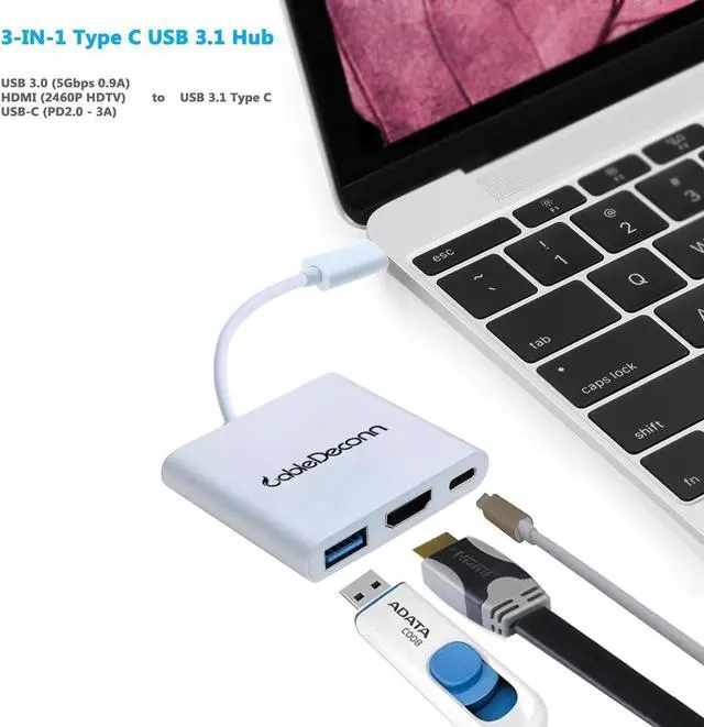 Alt view image 3 of 7 - USB C 3.1 to 3.0 HUB+ HDMI VGA Type C Female Charger Adapter for Apple Macbook