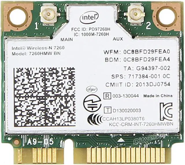 Main image of Intel wireless-N 7260 7260HMW 802.11b/g/n WiFi + Bluetooth 4.0 Mini PCI-E Card