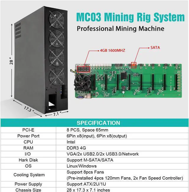 Alt view image 2 of 7 - GPNE Mining Rig Frame Case with Motherboard, CPU, 4G RAM, 4x 120mm Fans, Support 8pcs Adjustable Speed Fans & GPU Crypto Miner Machine System for Currency ETH/ETC/ZEC (PSU & GPU is not Included)
